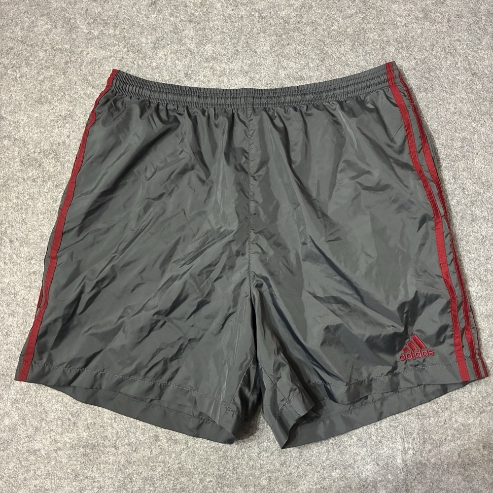 Vintage Y2K Adidas Gray Red 3 Stripe Nylon Shorts Mens L Soccer Running 2000s